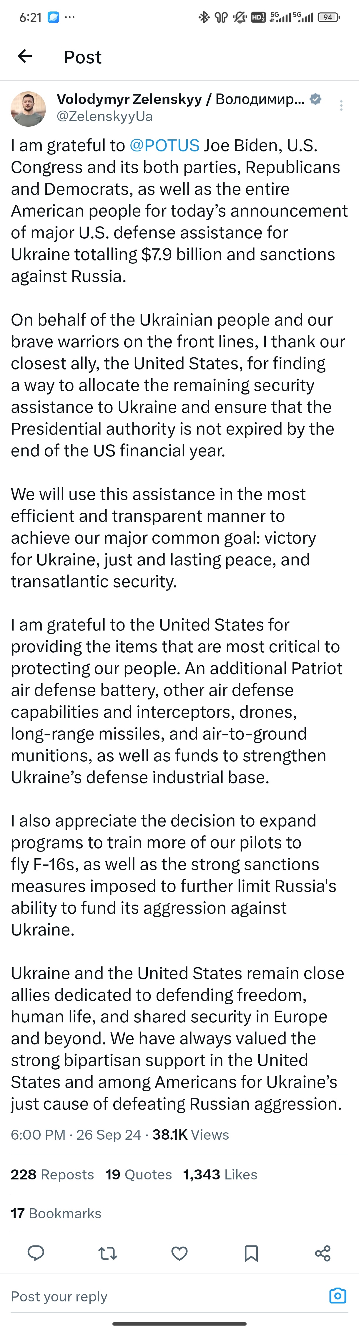 #美官员称美将宣布对乌超80亿美元军援#乌克兰总统泽连斯基:“我感谢美国总统国会