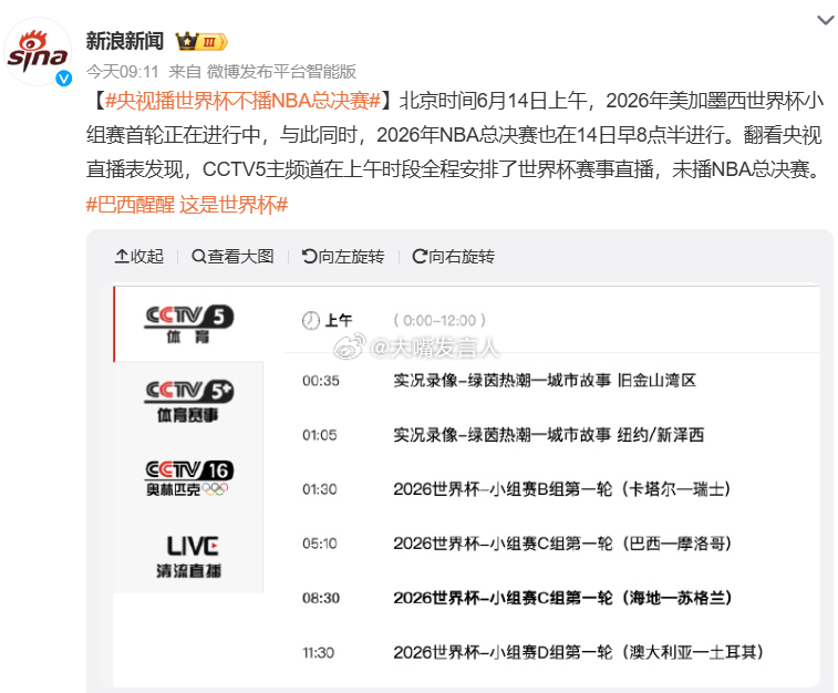 央视播世界杯不播NBA总决赛   现在是总决赛第5场，目前马刺队领先尼克斯10分
