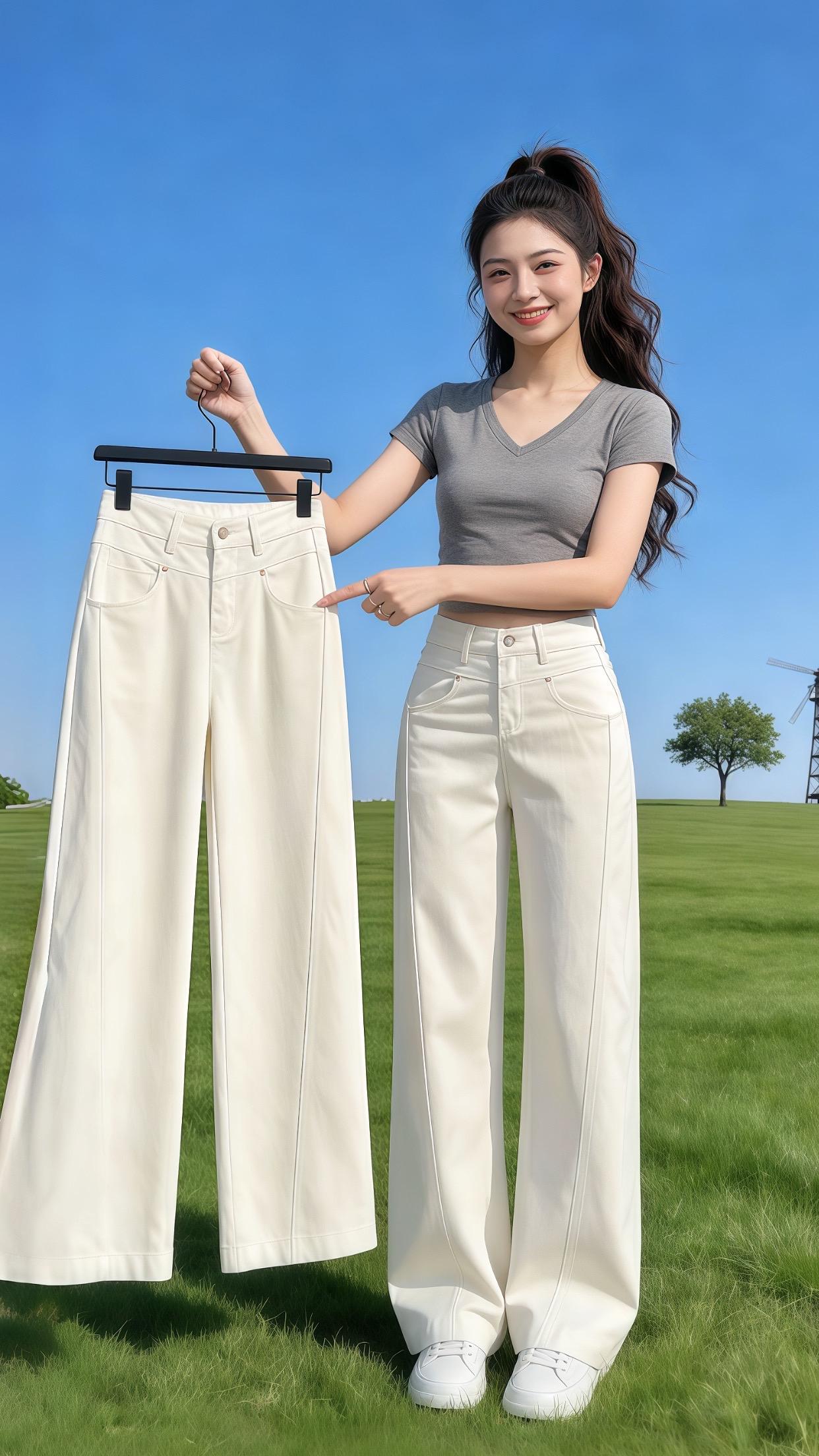 小个子白色牛仔直筒阔腿裤～