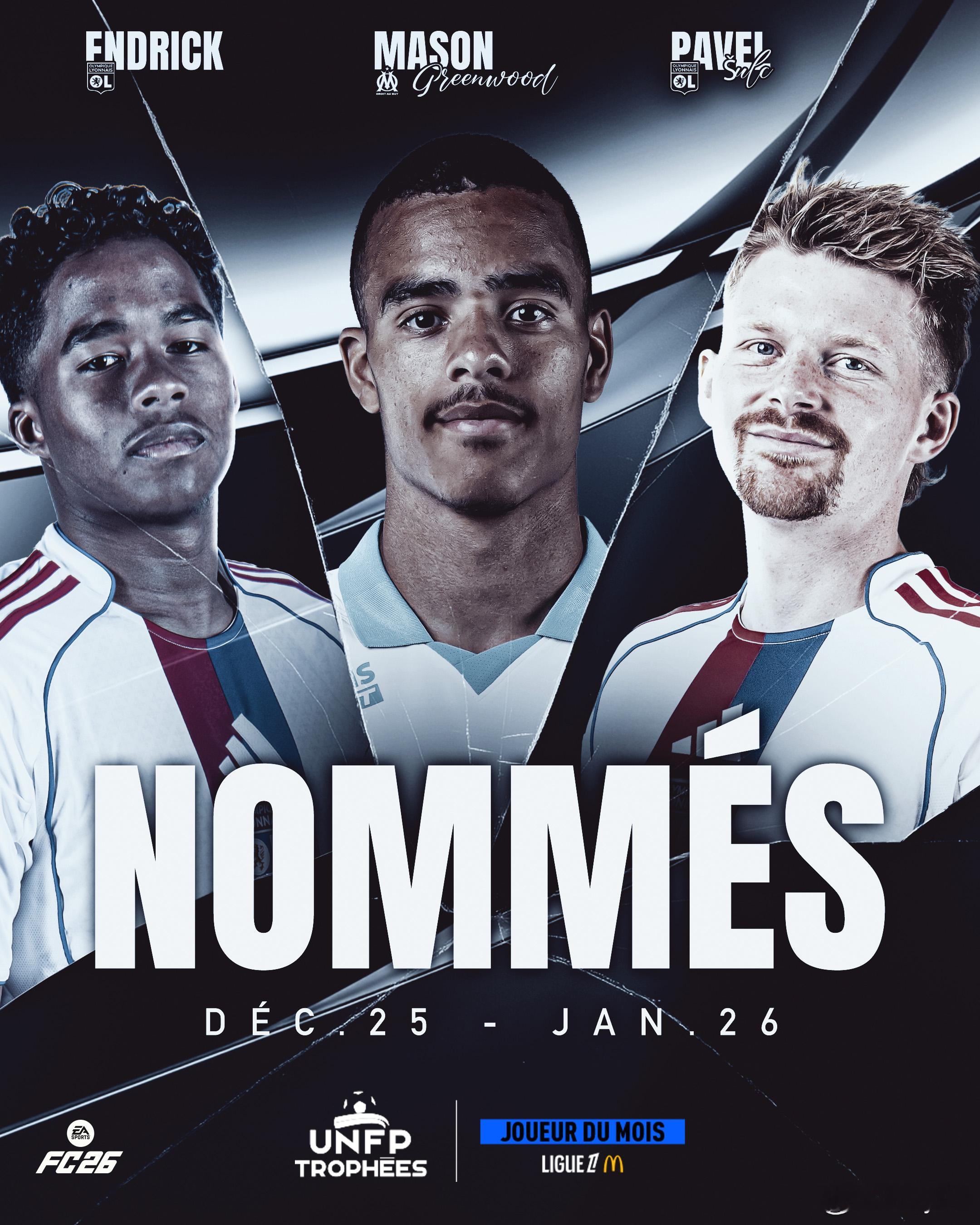 法甲联赛一月最佳球员候选公布。恩德里克、格林伍德入选。FC26