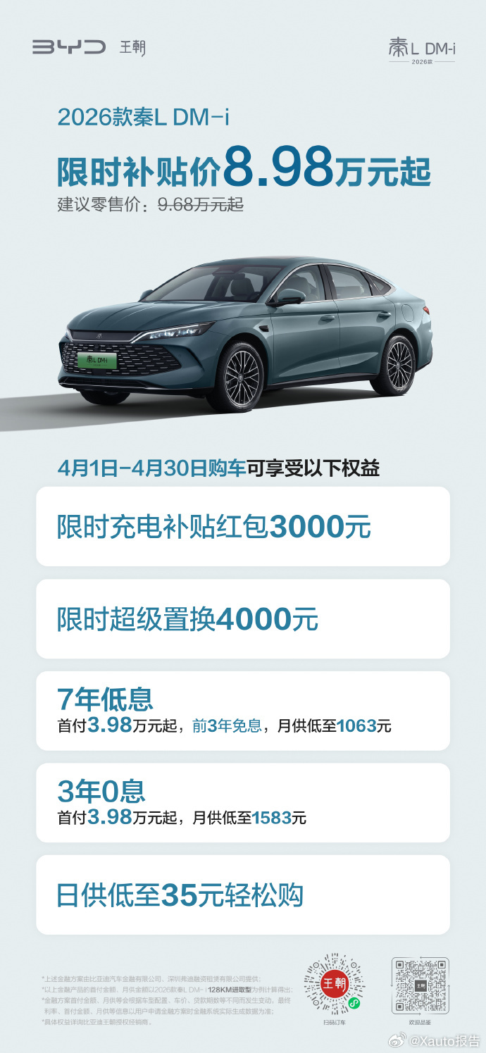 比亚迪推出限时优惠比亚迪四月购车福利来袭！4月全月，汉L EV、唐L EV享闪充