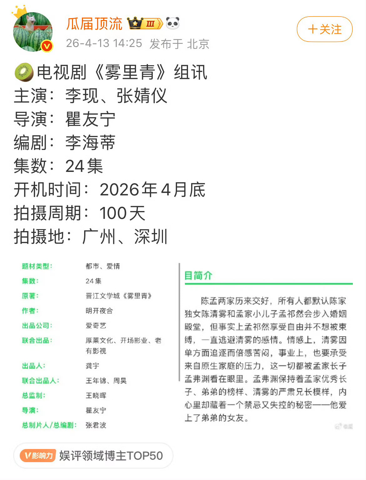 雾里青班底阵容李现张婧仪雾里青将开机李现张婧仪雾里青将开机，班底阵容有，确实很不