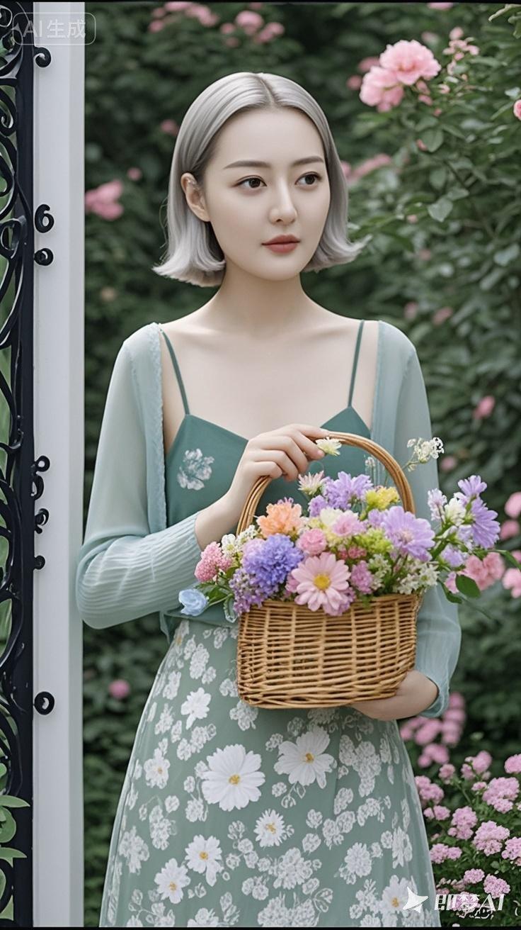 温柔花裙少女，手捧花篮，漫步花园，唯美浪漫。