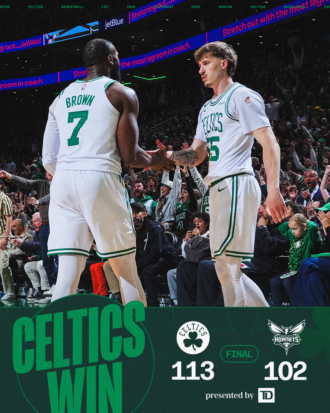 全场结束，凯尔特人 113 - 102 主场战胜黄蜂！☘️布朗 35分9篮板3助