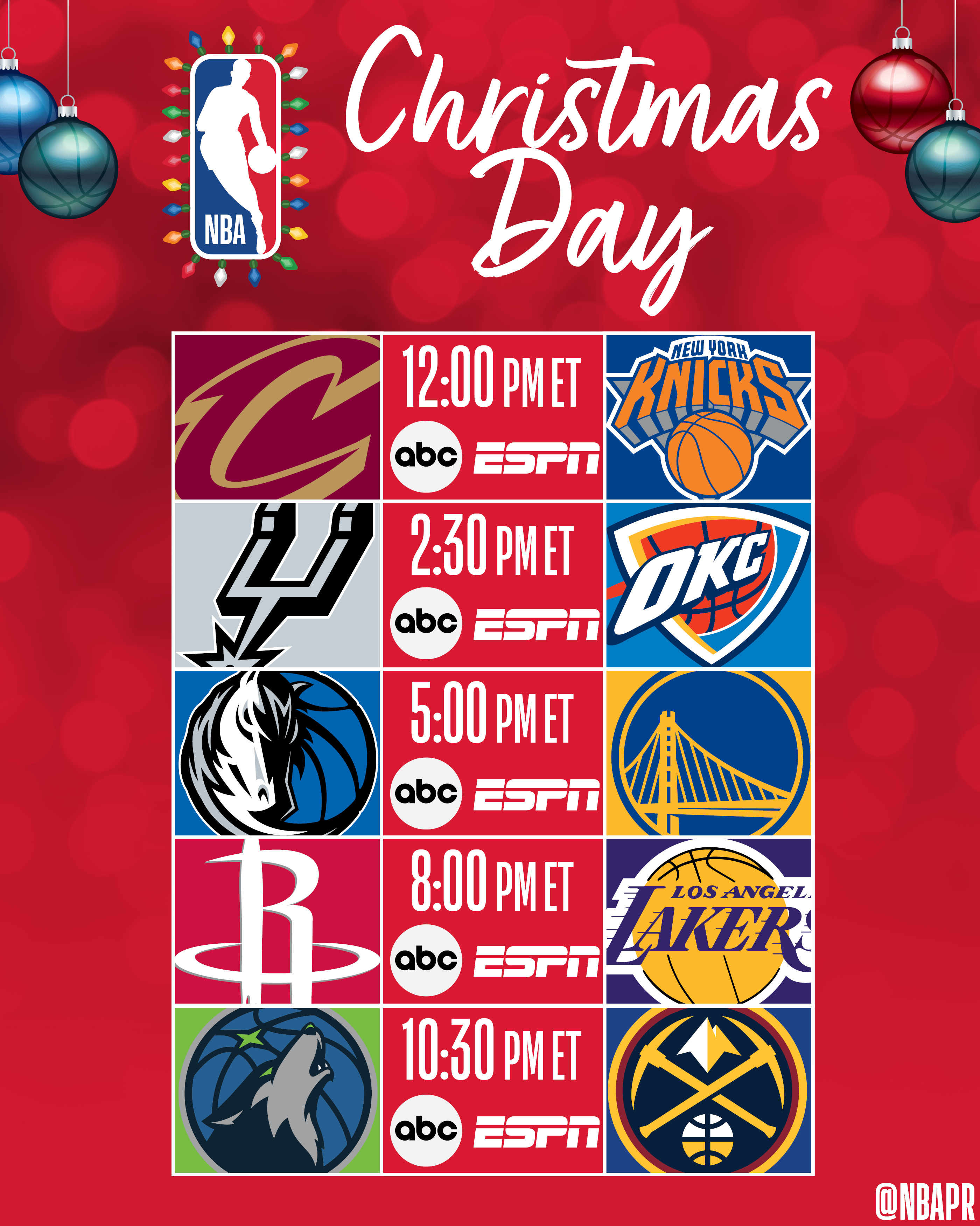 NBA官方公布下赛季圣诞大战赛程和转播媒体，均为ABC及ESPN。从北京时间12