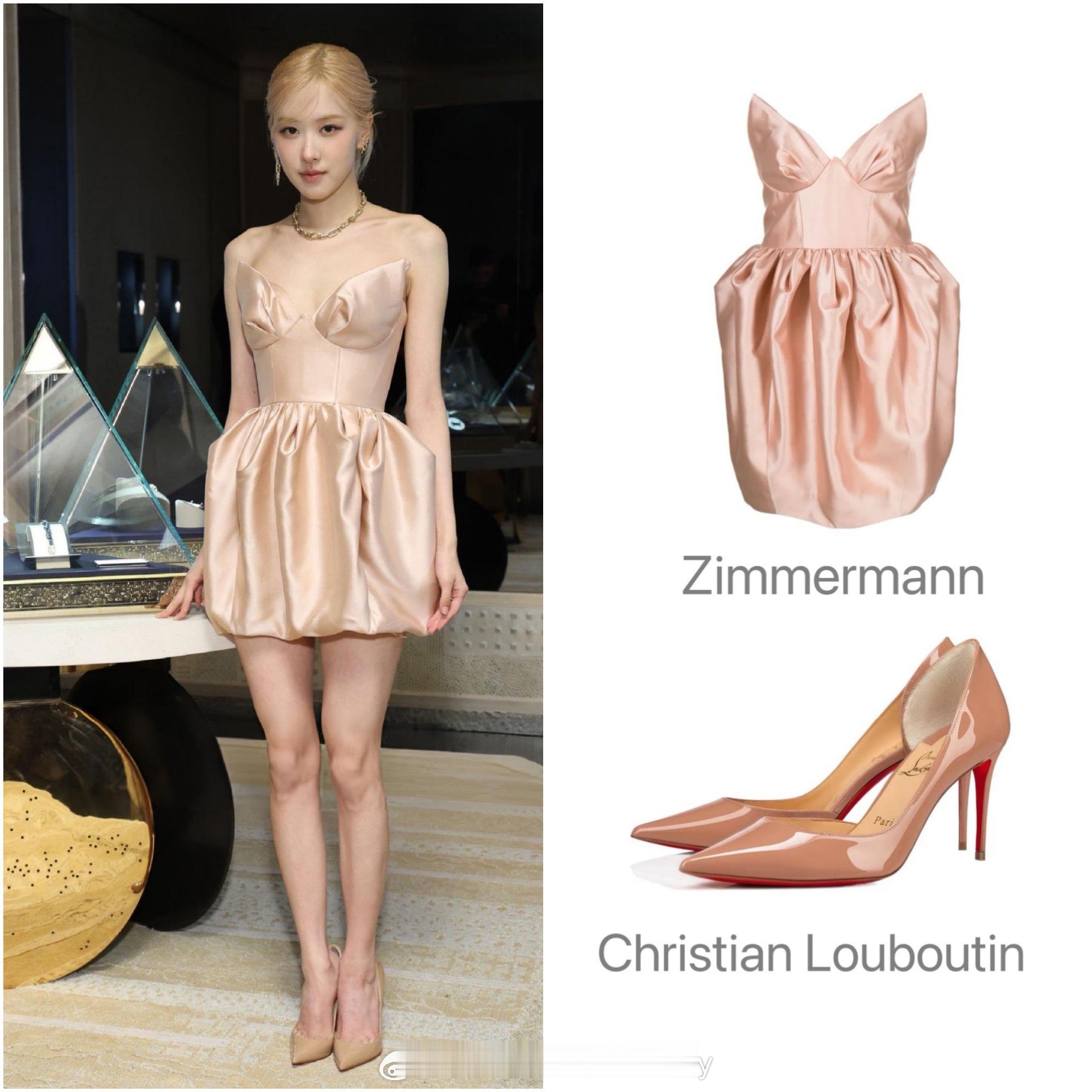 Rosé朴彩英今日的活动造型解析，粉色缩褶迷你连衣裙搭配同色尖头高跟鞋，有种甜心