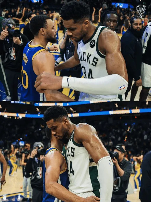 雄鹿官方晒出库里和阿德托昆博拥抱照，并配文道：“两位篮球界传奇人物。” 