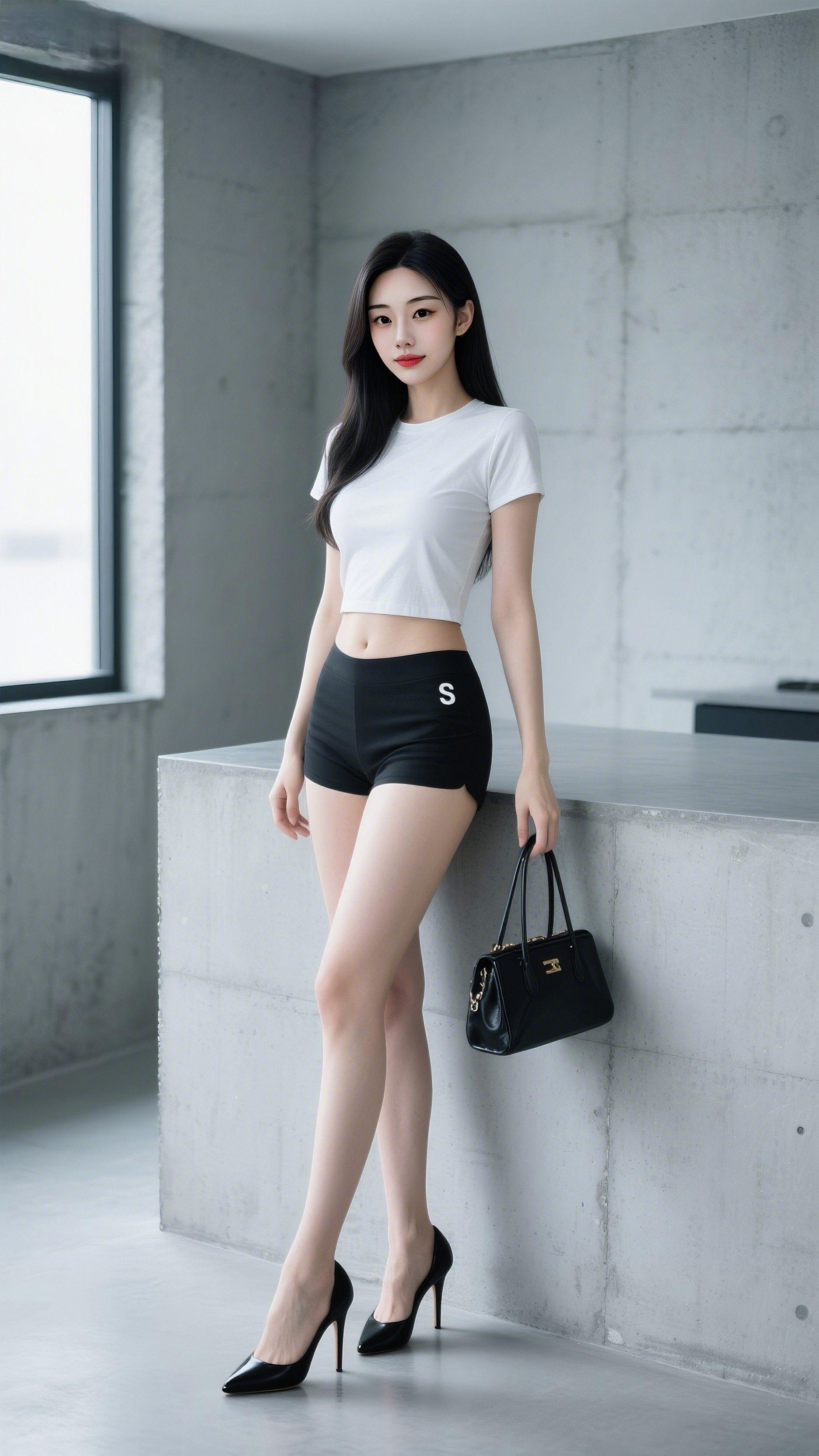 - 白T与热裤的夏日公式，拿捏松弛感。 水泥灰的背景衬出冷白皮，再用经...