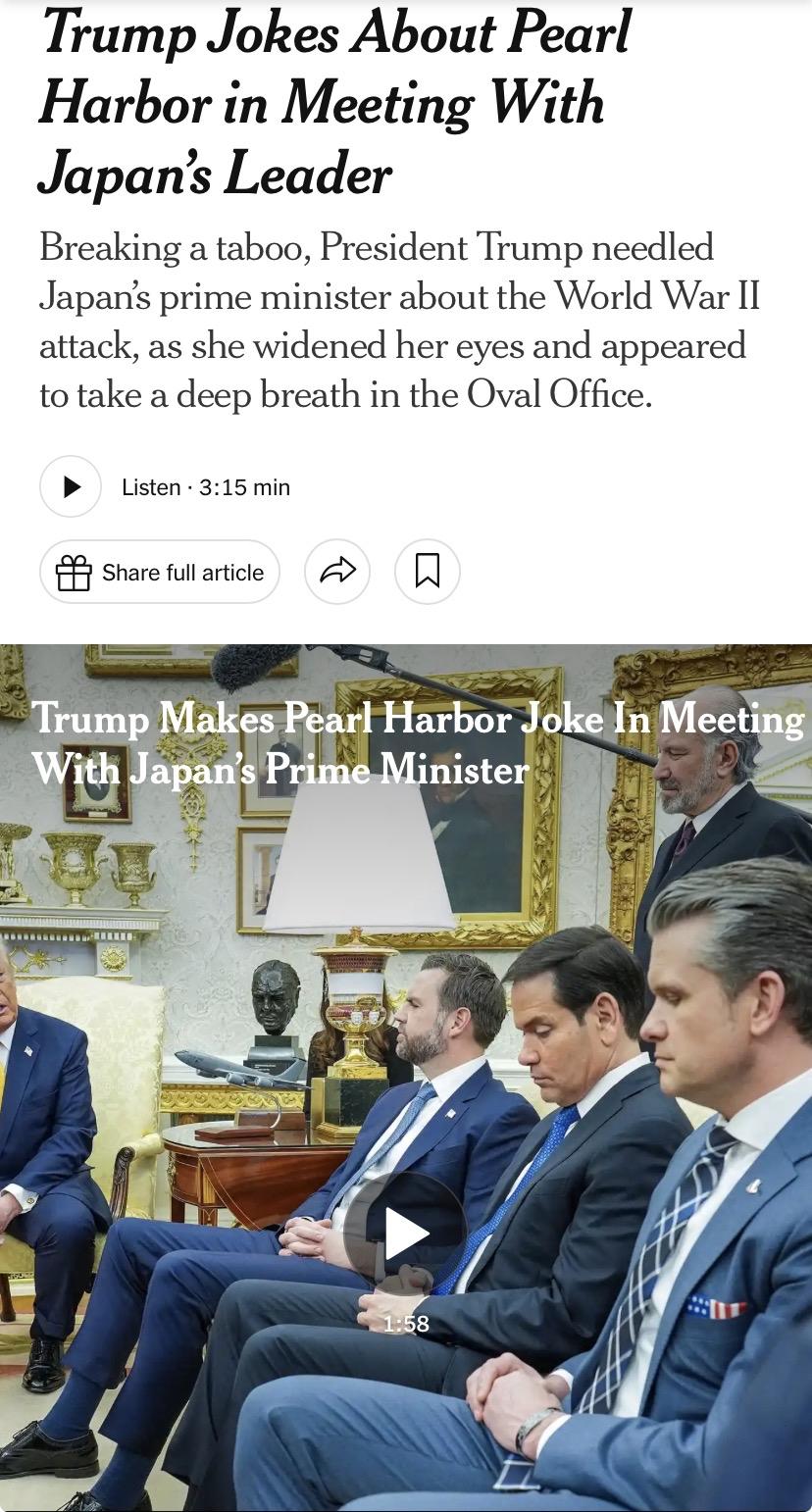 特朗普会见日本首相，拿珍珠港开涮：你们不是最懂偷袭吗？

美国媒体报道，特朗普总