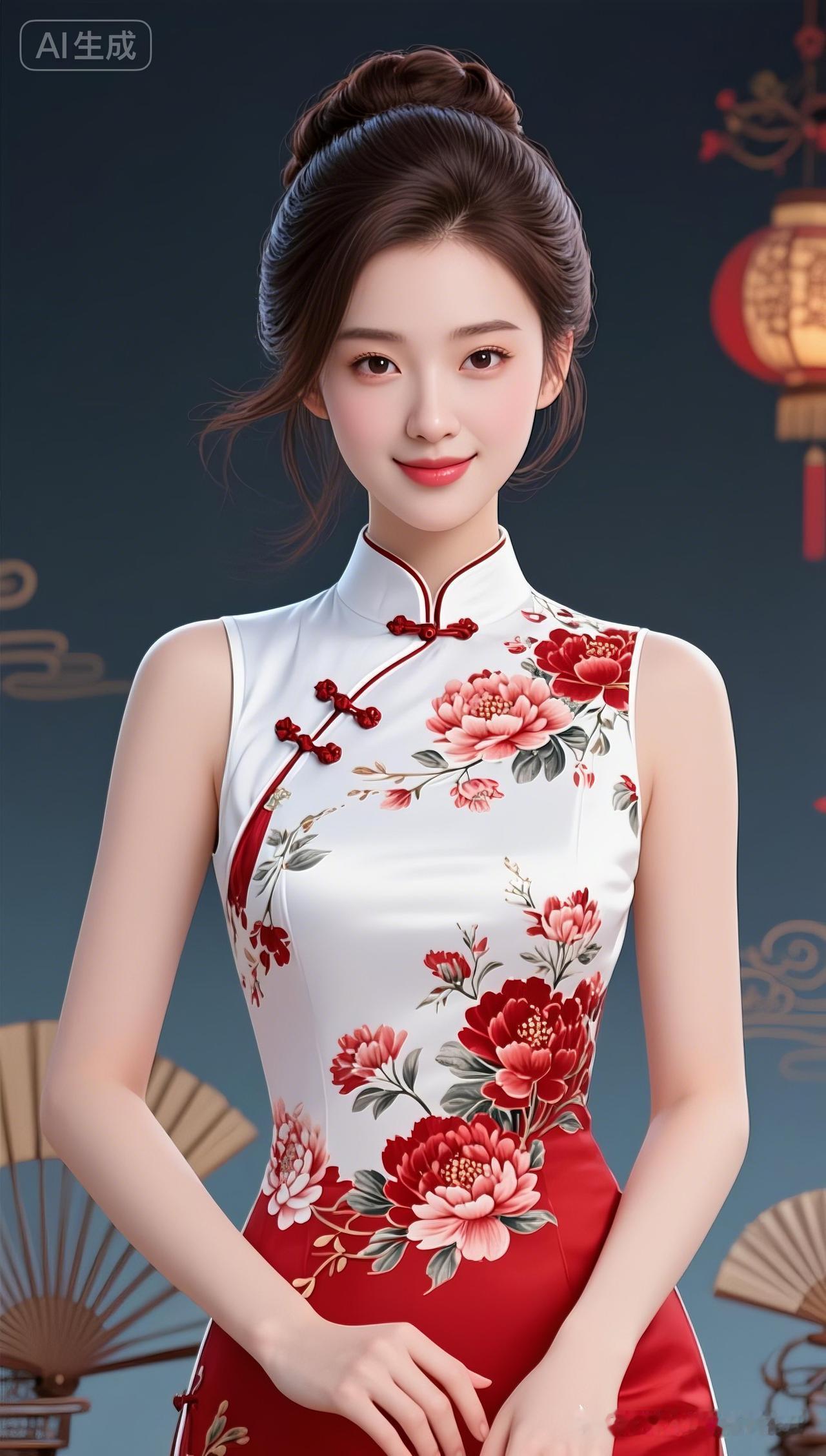 亚洲女子棕黑浓密长发低盘束起不留刘海，身着白袖红印花盘扣开襟旗袍，肌肤细腻紧致，