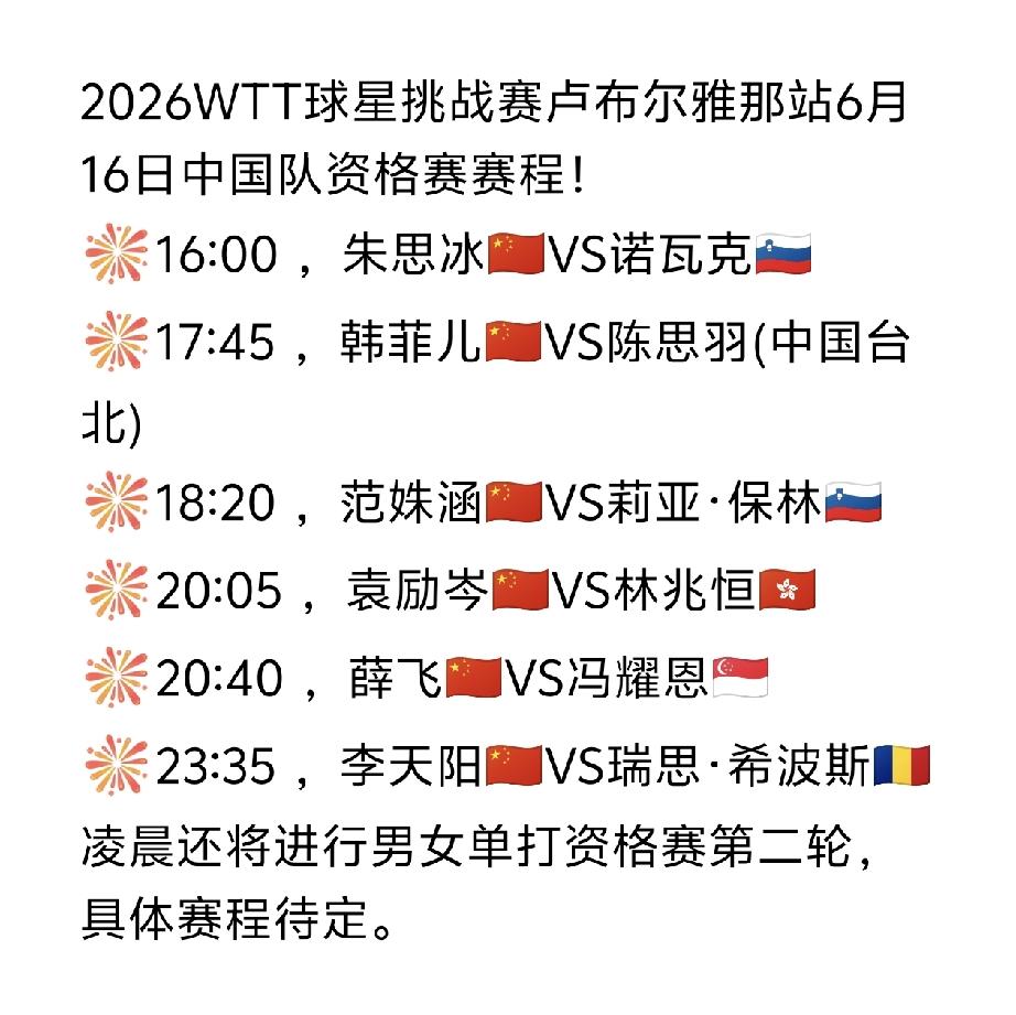 卢布尔雅那站今日赛程！
2026WTT球星挑战赛卢布尔雅那站今日（6月16日，周