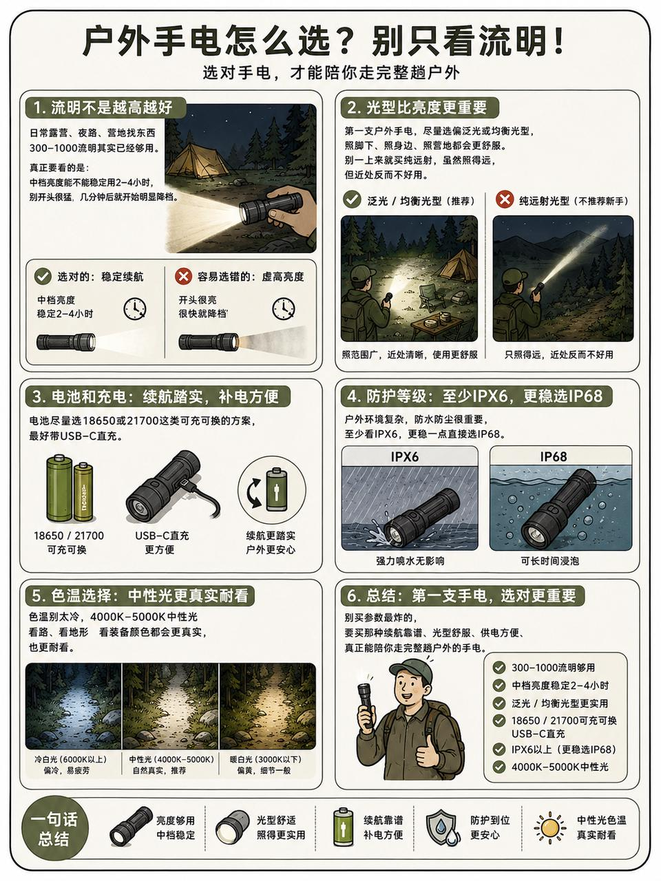 新手户外露营经验第6期，聊聊户外手电的选择。很多朋友买手电，就看多少流明一个指标