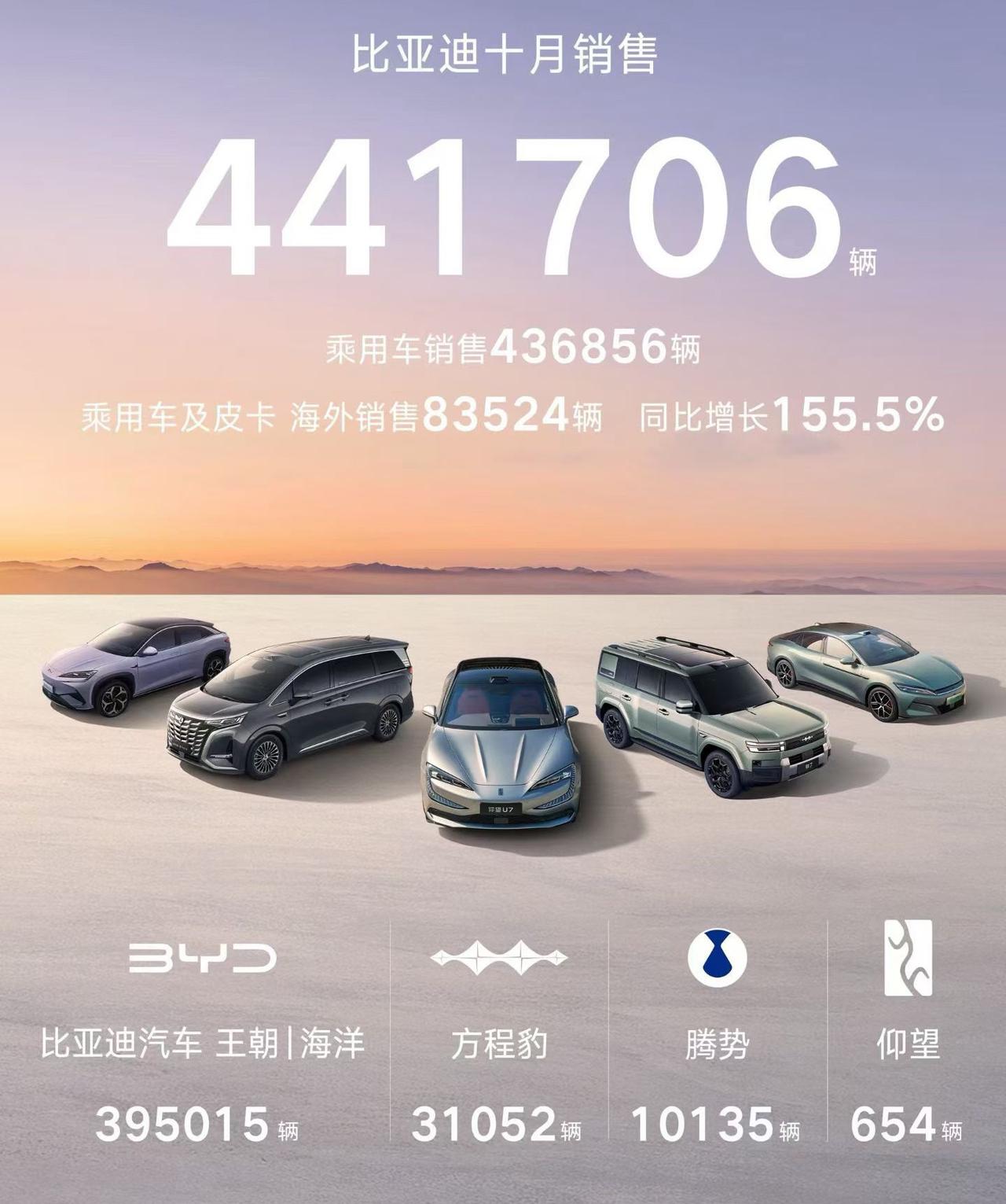 比亚迪10月销售441706辆，创年内新高
2025年1-10月累计销售3701