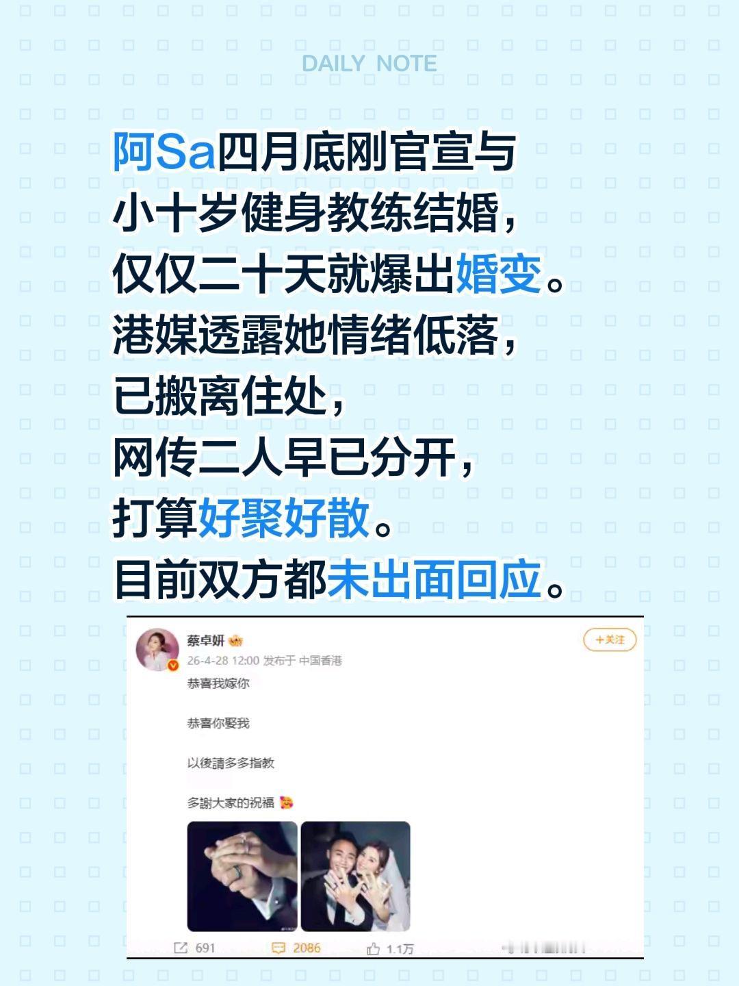 不知是真是假，总感觉明星的感情好儿戏！阿Sa四月底刚官宣与小十岁健身教练结婚，仅