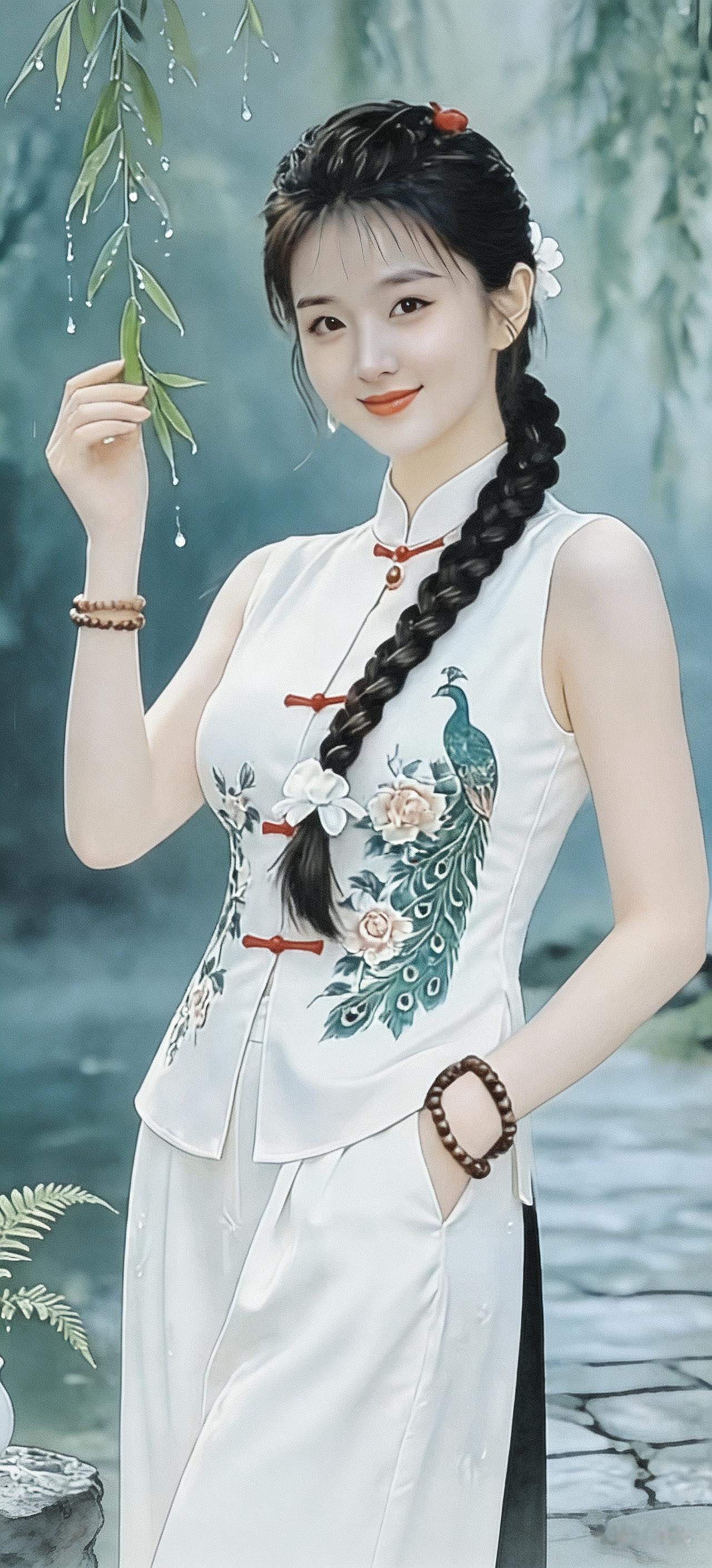 女子梳长辫着国风衣衫，柳枝作前景。明晰衣身刺绣，柔光清冷雅致，画质细腻高级。