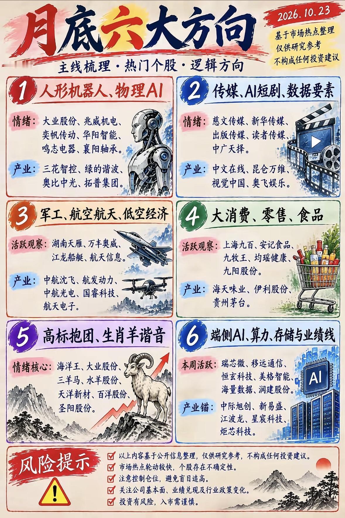 10月底六类投资方向，股市热点指南。

10月底的行情节点，最近翻了不少机构研报