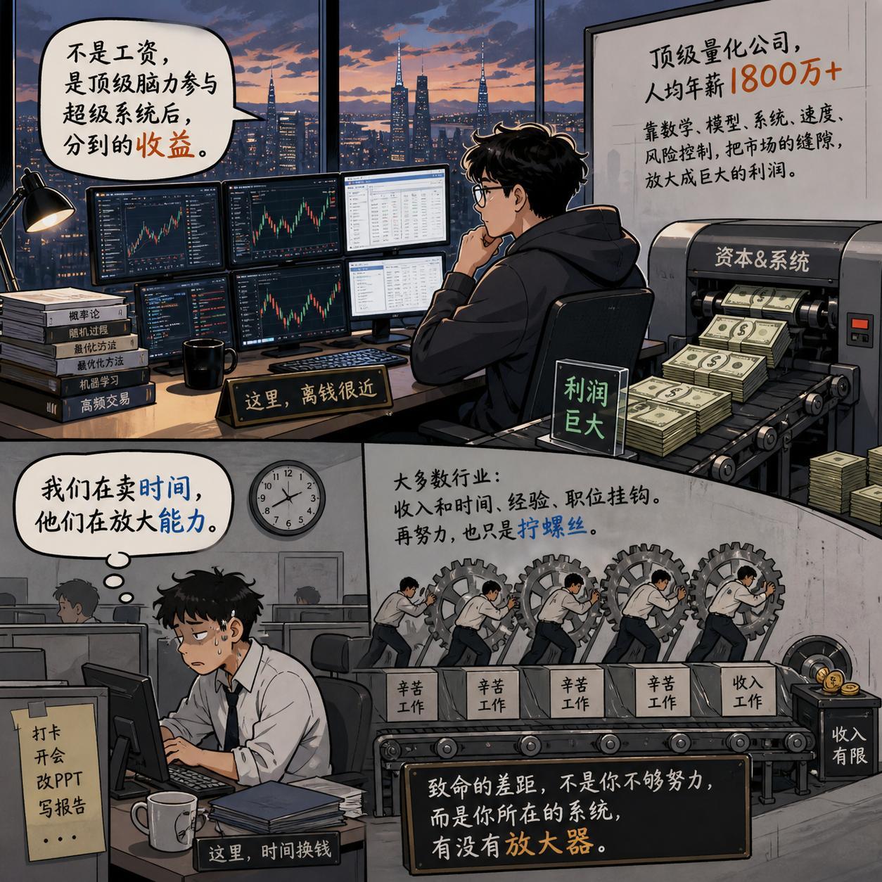 顶级量化巨头员工人均年薪1800万普通职业里，一个人的收入大多和时间、经验、职位