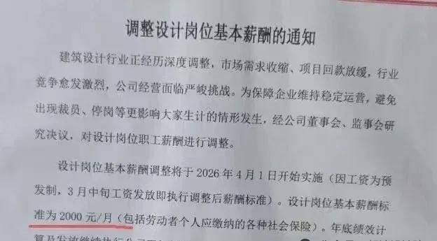 安徽某设计院:
      为保障公司运营，设计师员工的工资调整为两千元每月！