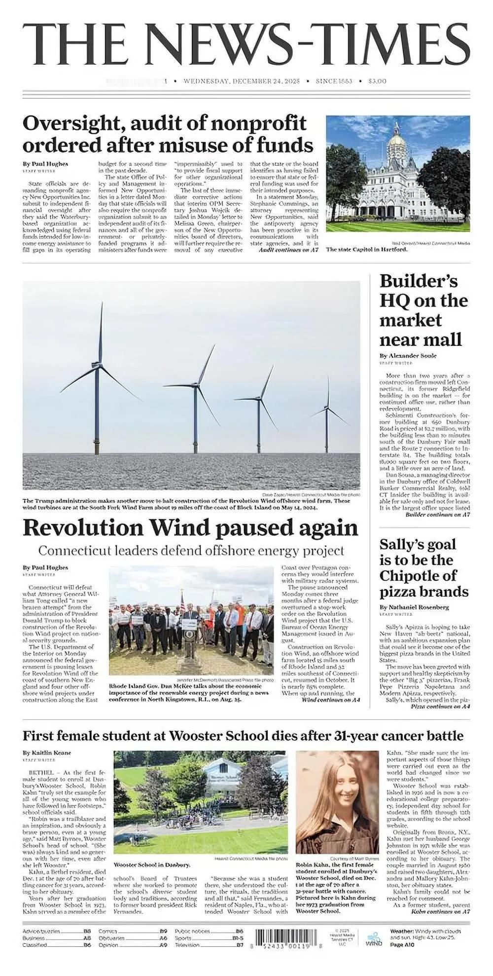 继太阳能之后，美国又暂停风电项目，已经抛弃了环保的新能源发展之路。
《新闻时代报