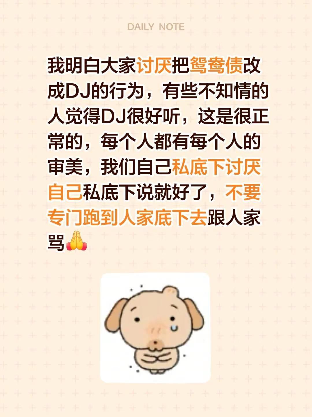 我明白大家讨厌把鸳鸯债改成DJ的行为，有些不知情的人觉得DJ很好听，这是很正常的