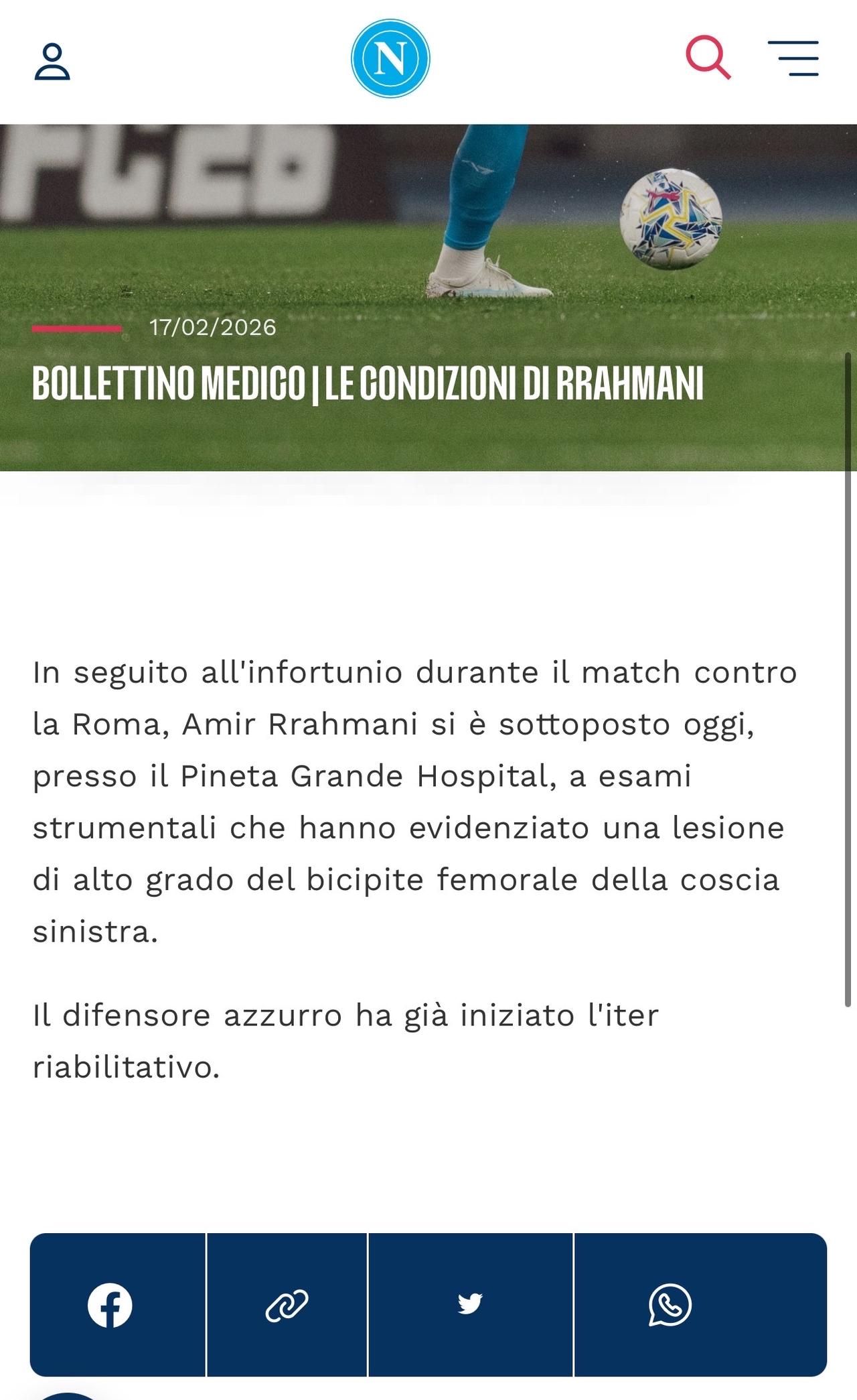 【拉赫玛尼重伤】
在对阵罗马的比赛中受伤后，拉赫马尼今日在皮内塔格兰德医院接受了