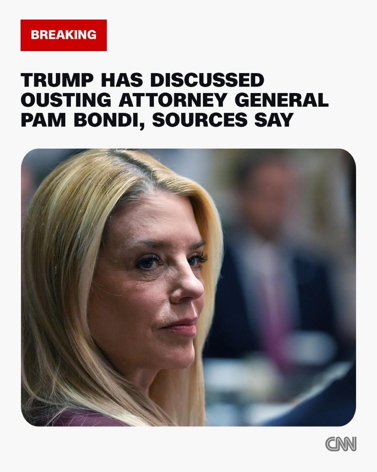 消息人士称，特朗普曾私下讨论过撤换司法部长帕姆·邦迪，并任命环保署署长李·泽尔丁