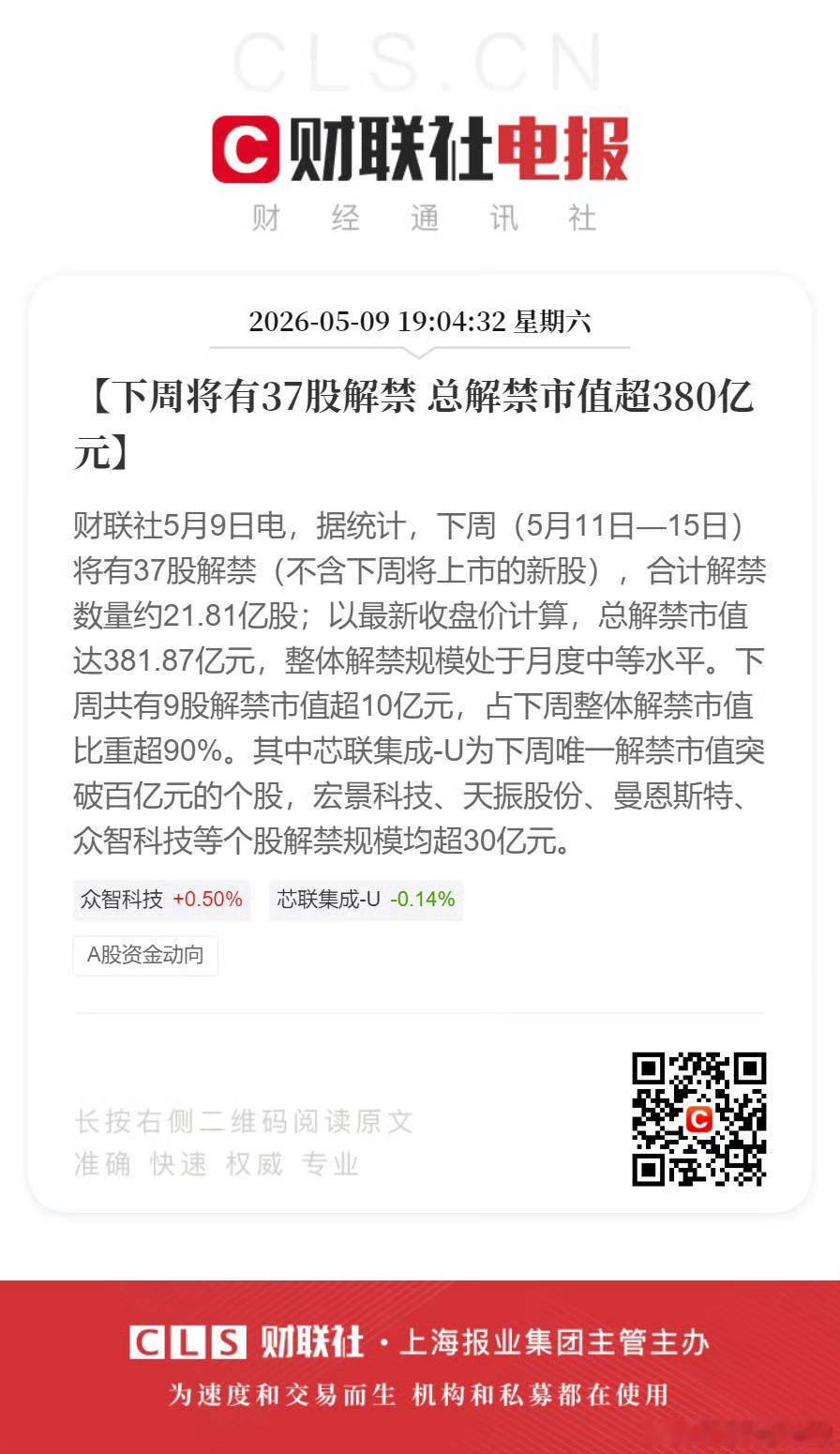 下周将有37股解禁总解禁市值超380亿元。 