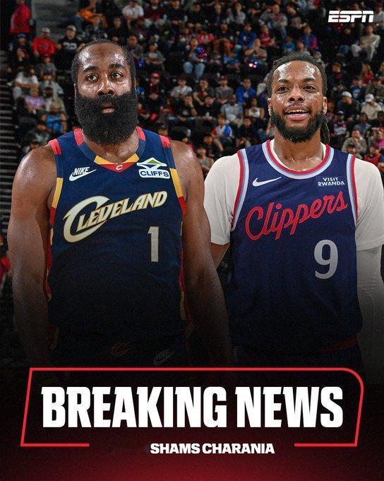 NBA：哈登被交易至骑士
据NBA知名记者Shams报道，快船与骑士达成交易，哈