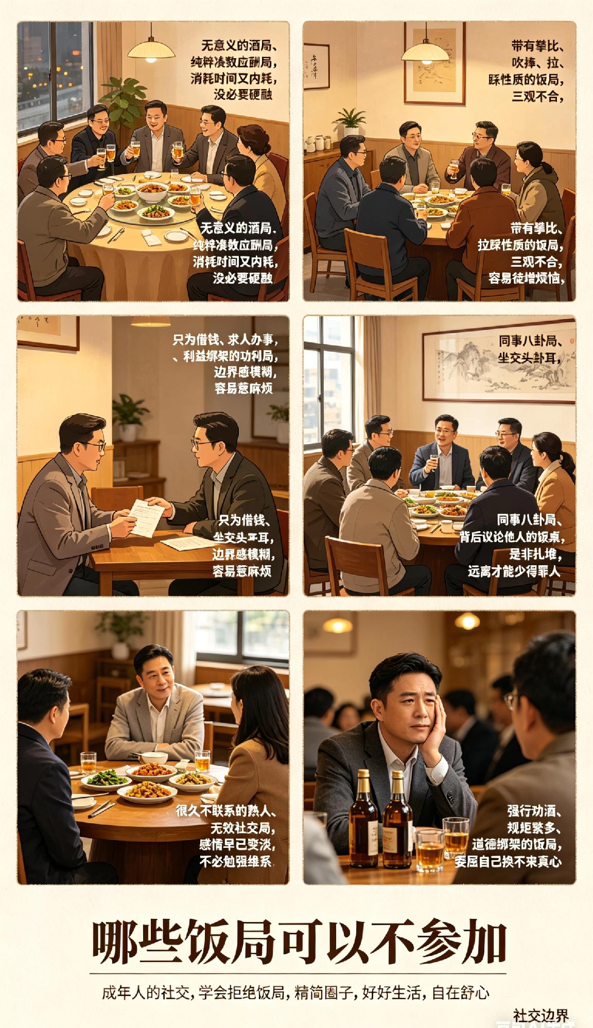 1. 无意义的酒局、纯粹凑数应酬局，消耗时间又内耗，没必要硬融
​
2. 带有攀