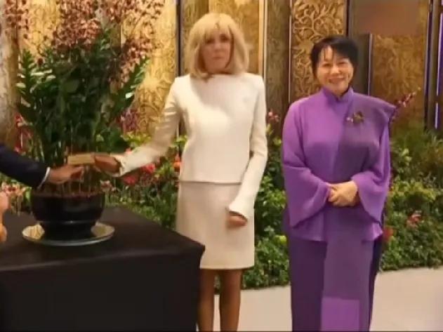 马克龙的夫人和新加坡夫人站在一起，两个人一对比，这差距属实是很一目了然了！
你要