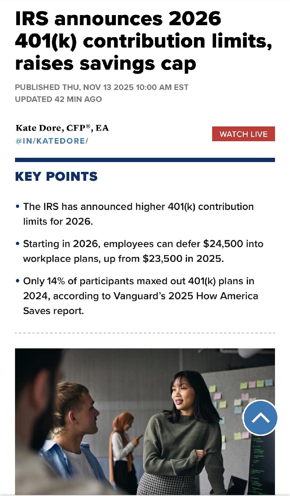 美国国税局（IRS）宣布了2026年401(k)退休计划的缴费新限额。

在周四