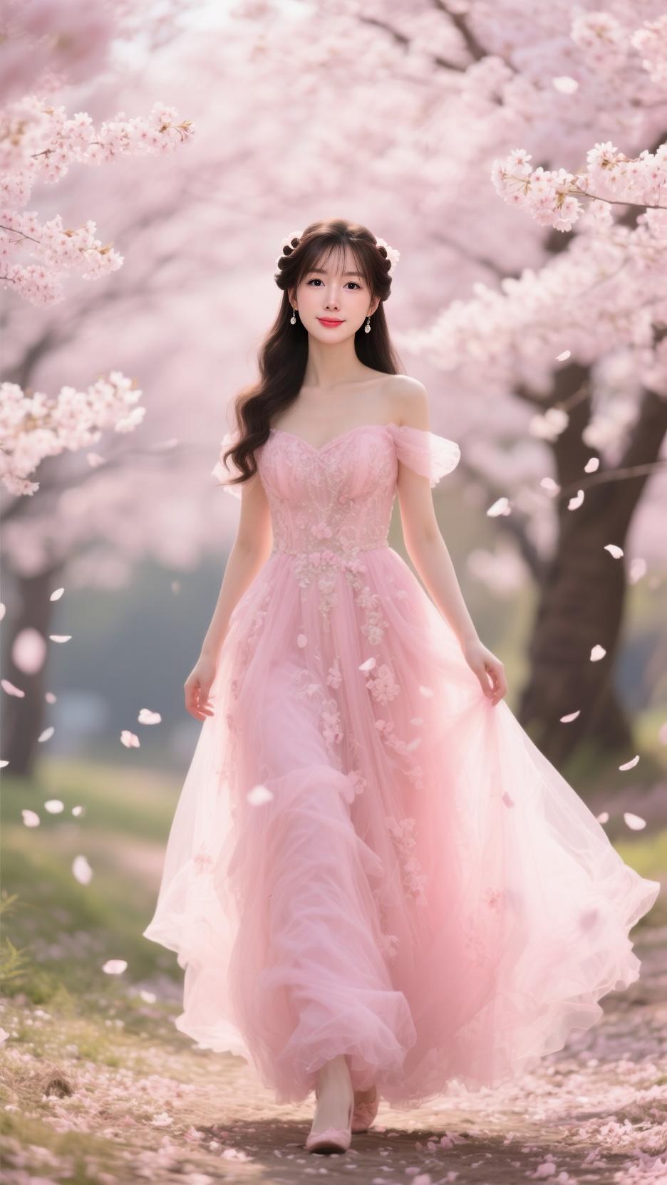 她留着温柔的棕棕色长卷发，发间点缀着精致的发饰与珍珠发带，空气刘海衬得眉眼愈发灵