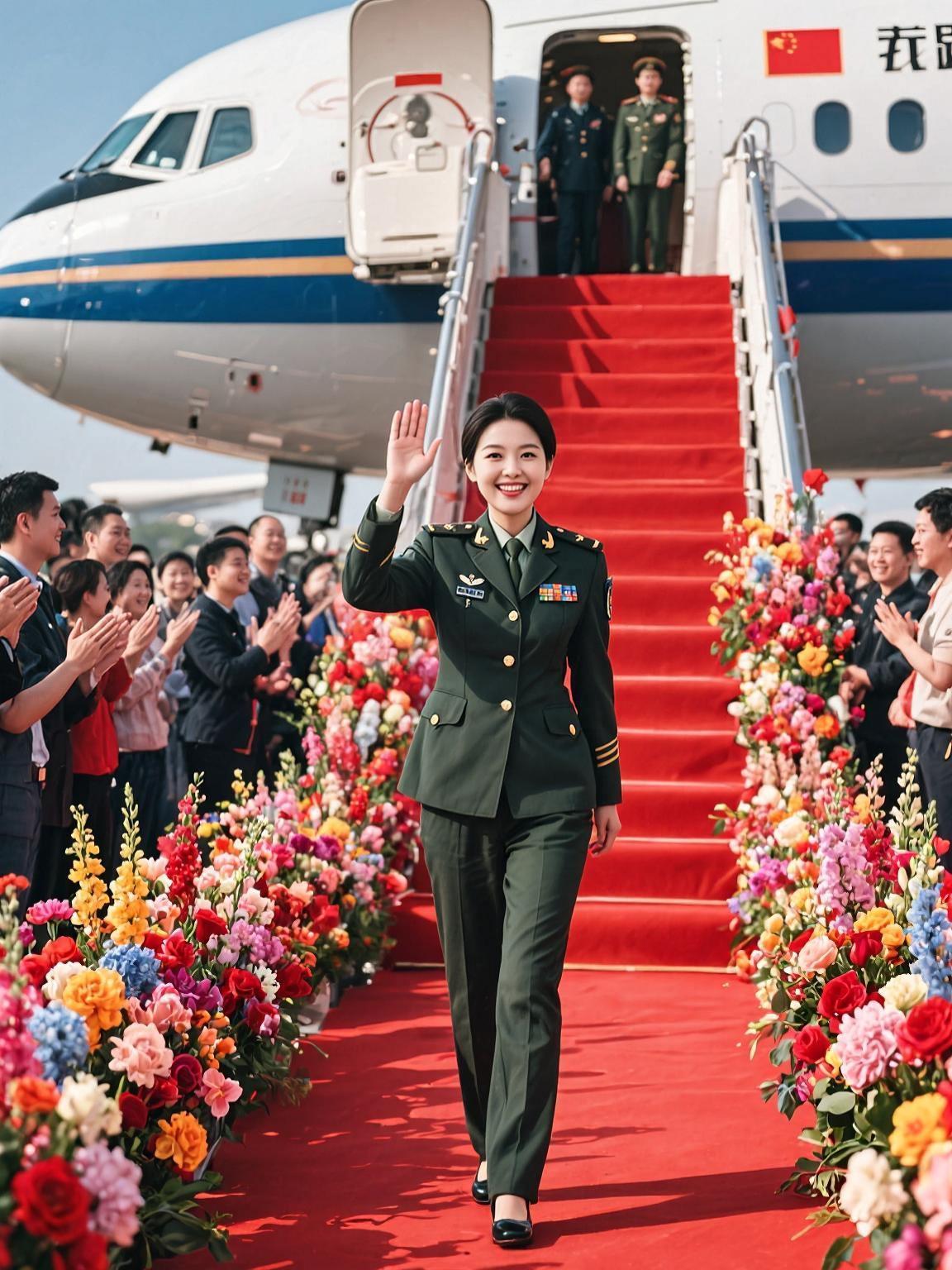 9月2日沈阳桃仙国际机场上，她身着军装，微笑着走下飞机红毯，那画面至今刻在我脑海