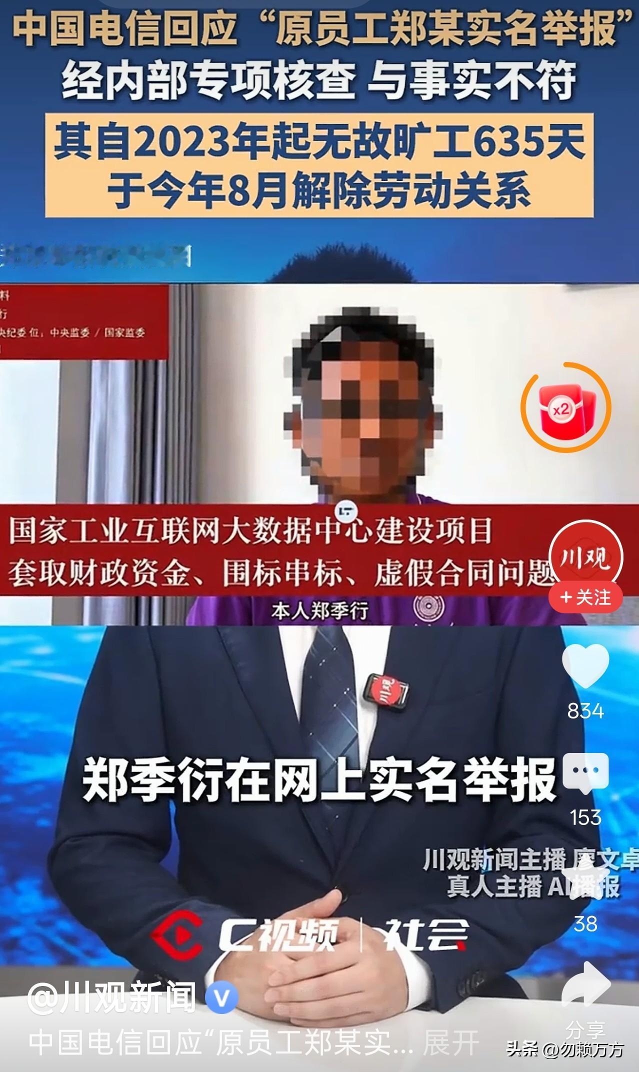 针对原员工郑某实名举报的项目涉嫌“套取财政资金、围标串标、虚假合同”等问题，电信