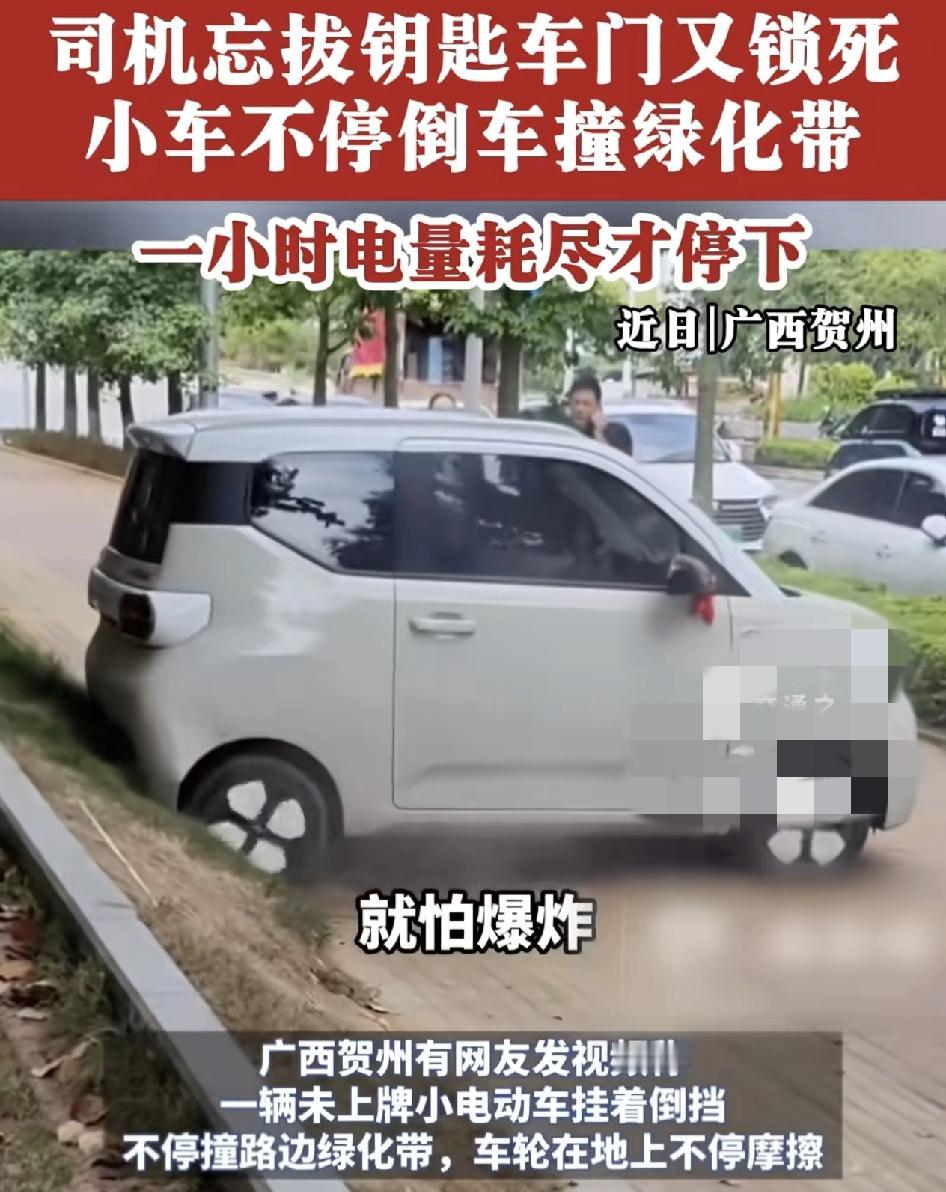 广西贺州有网友发视频称一辆小电动车挂着倒档，不断地撞进路边的绿化带，车轮还在地上