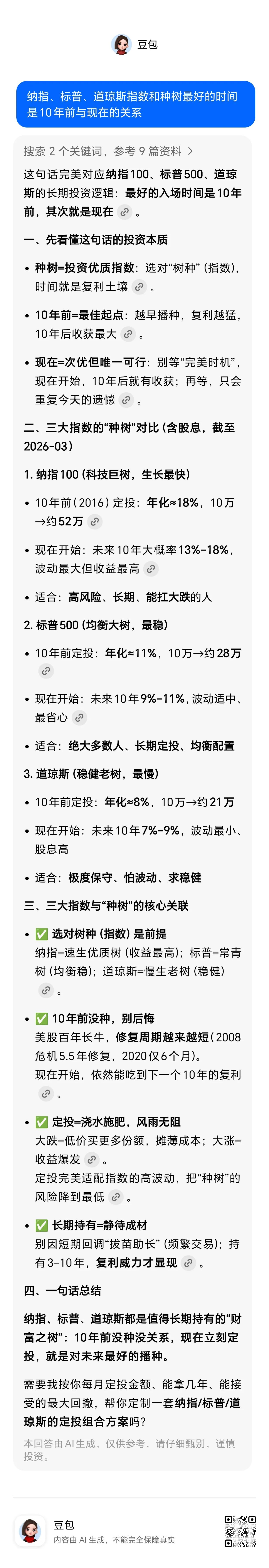 纳指、标普、道琼斯指数和种树最好的时间是10年前与现在的关系！