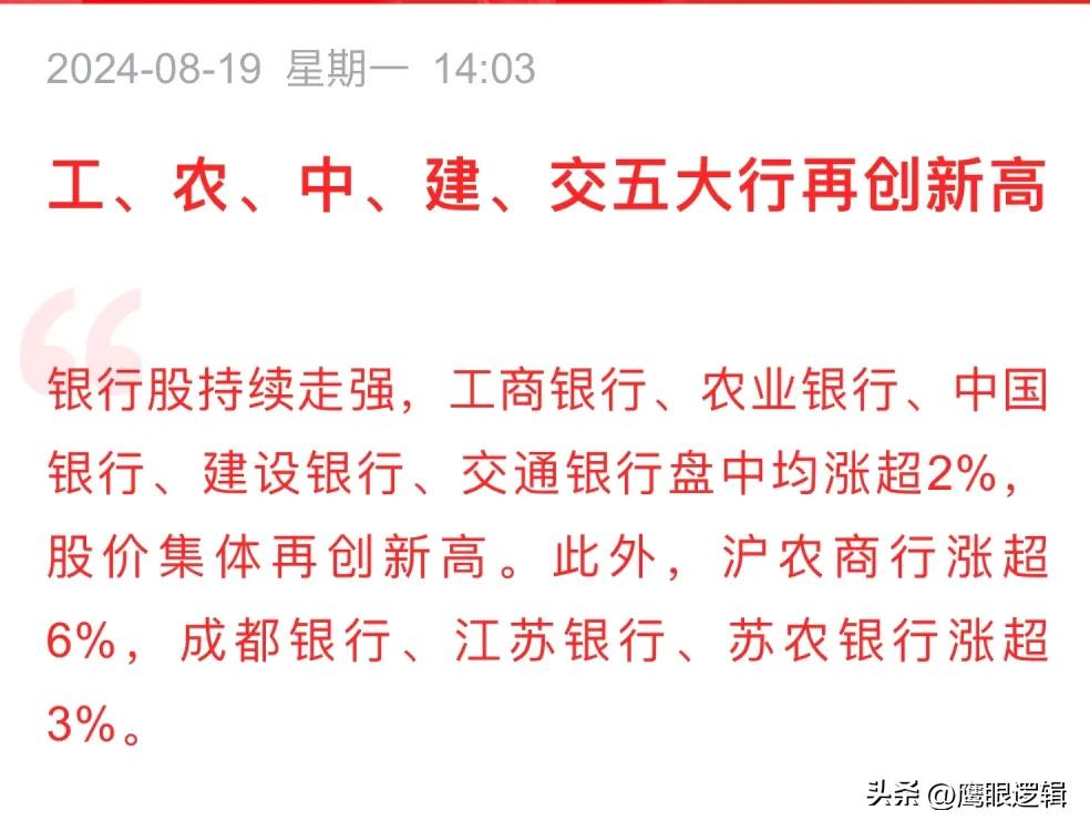 五大行均创新高，意味着什么？
     A股继续保持弱势震荡，但工行、农行、中行