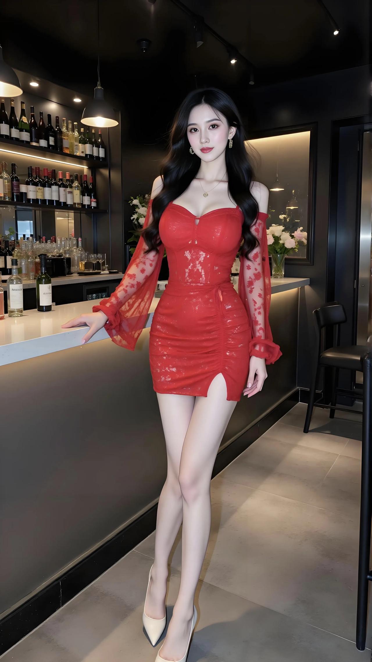 红裙锁骨衬出妩媚弧度，酒柜暖光里藏着岁月沉淀的醇香，成熟女人的风情，是夜色里最撩