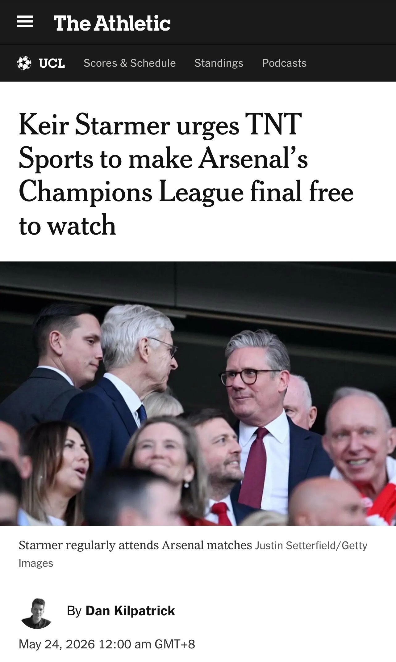 【英首相呼吁欧冠决赛免费直播】英首相斯塔默致信TNT Sports，强烈呼吁欧冠