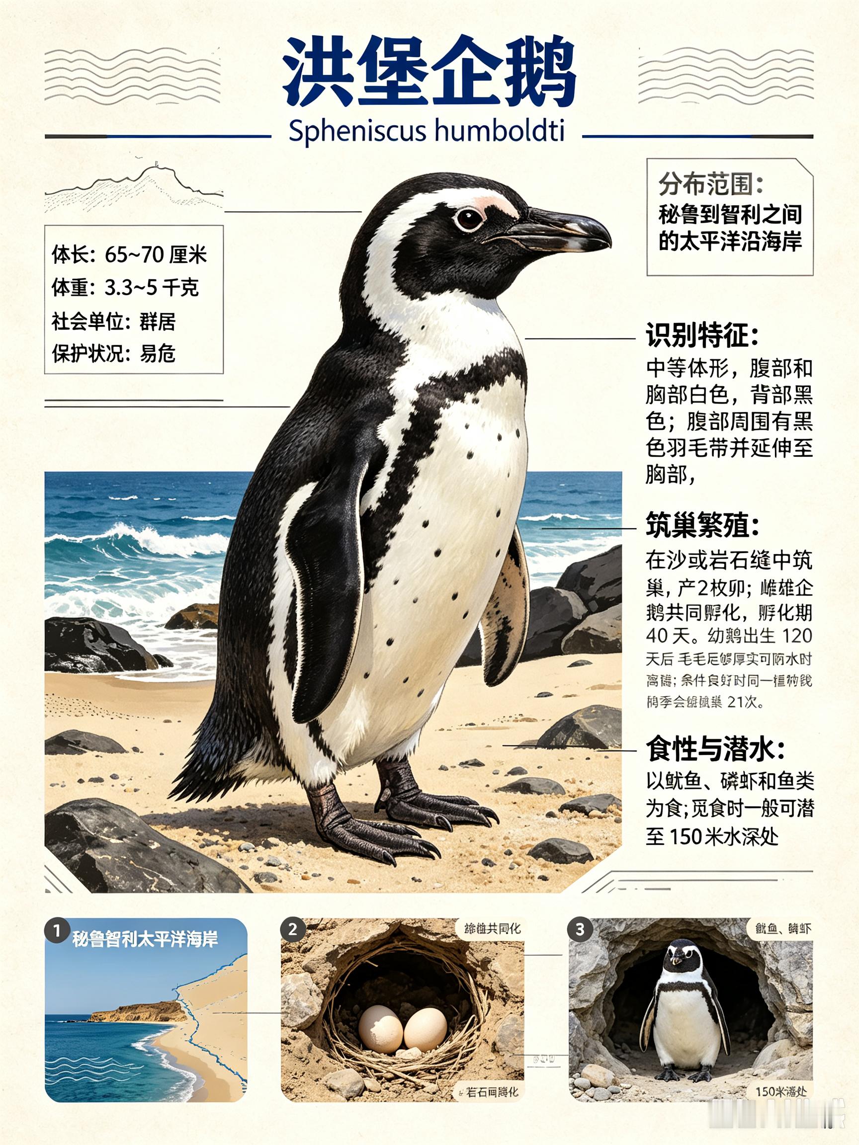 鸟类朋友图鉴 洪堡企鹅体长：65~70 厘米体重：3.3~5 千克社会单位：群居