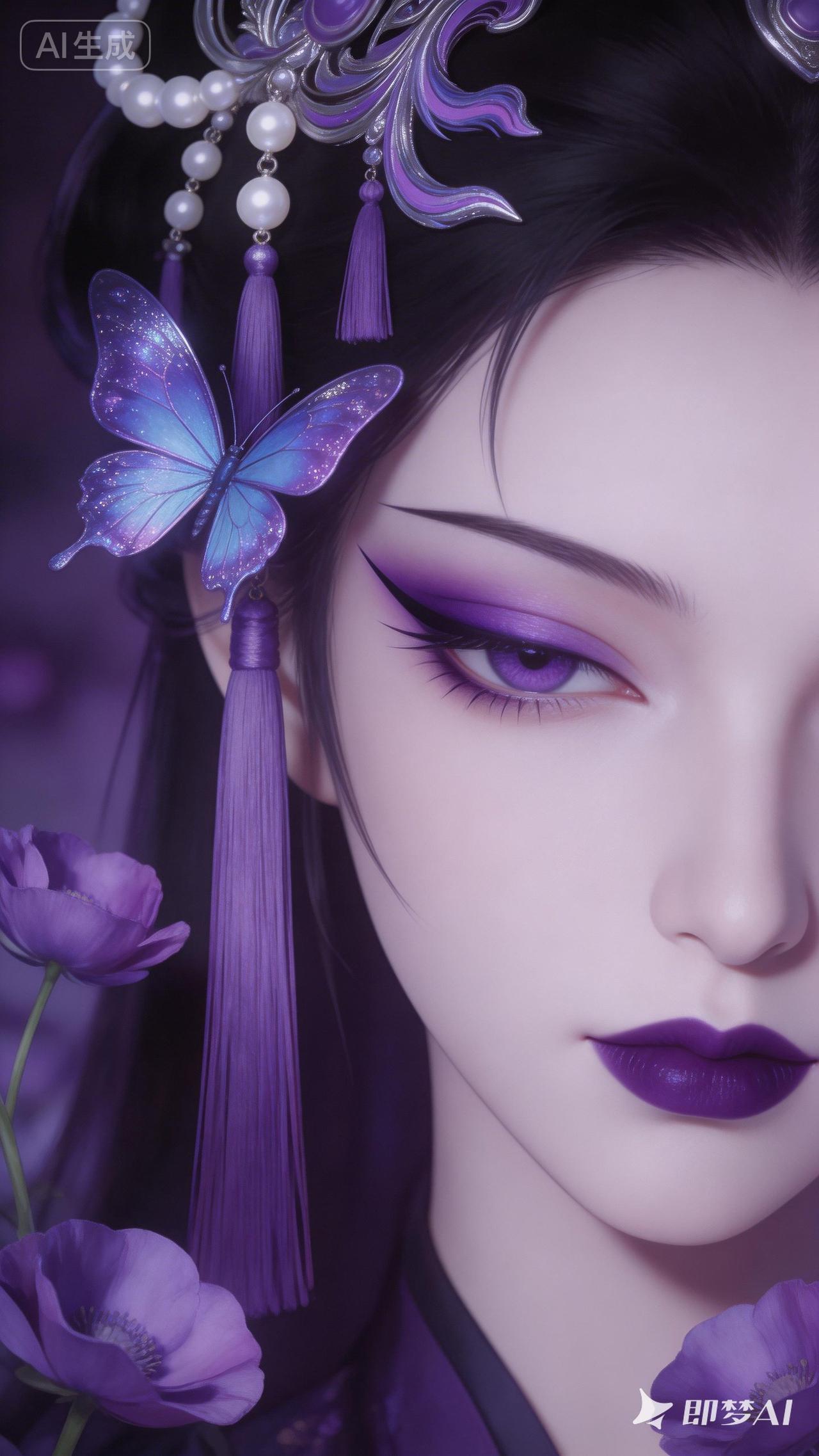 梦幻紫色妆容，蝴蝶发饰点缀，宛如仙子降临！🌹🦋💄