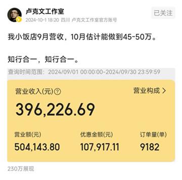 原来卢克文还开了一家餐饮店，9月的营业额竟然高达39.6万元。

做了9182单