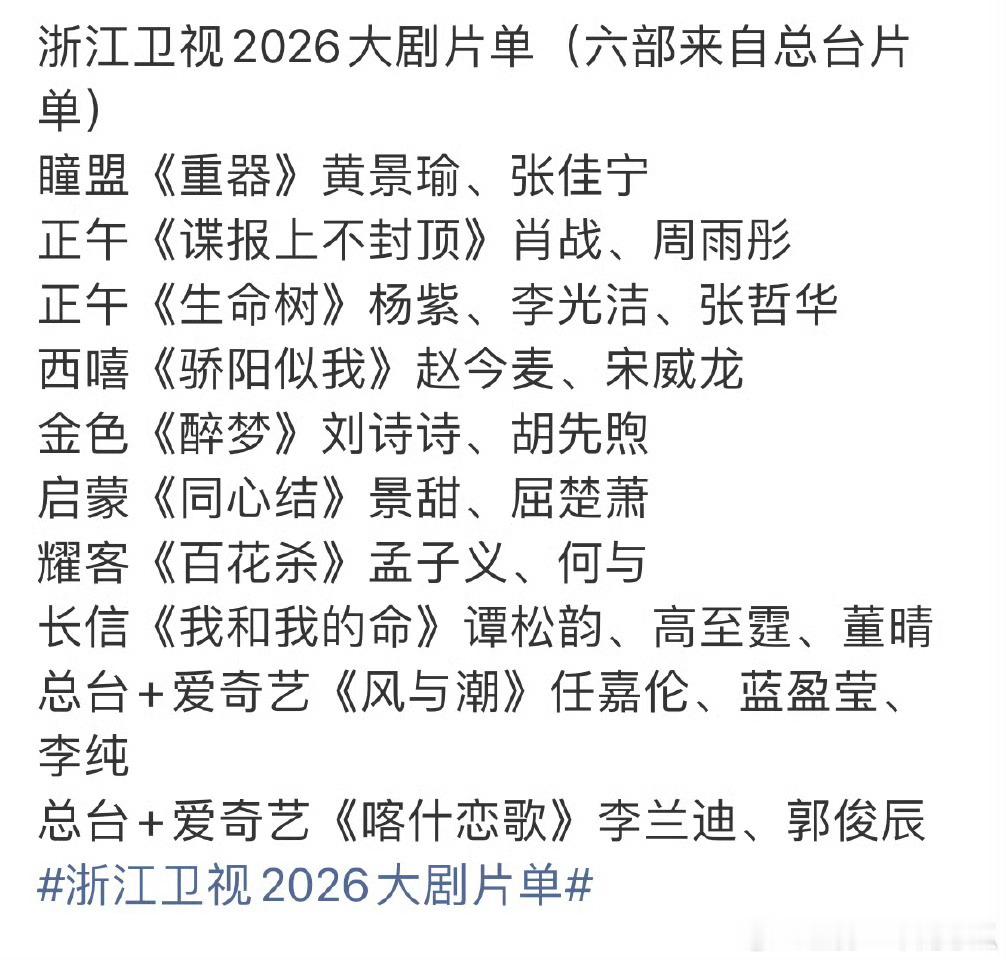 浙江卫视2026大剧片单有，浙江一向有钱，好剧都想买，先拉来当下门面先[嘻嘻]成