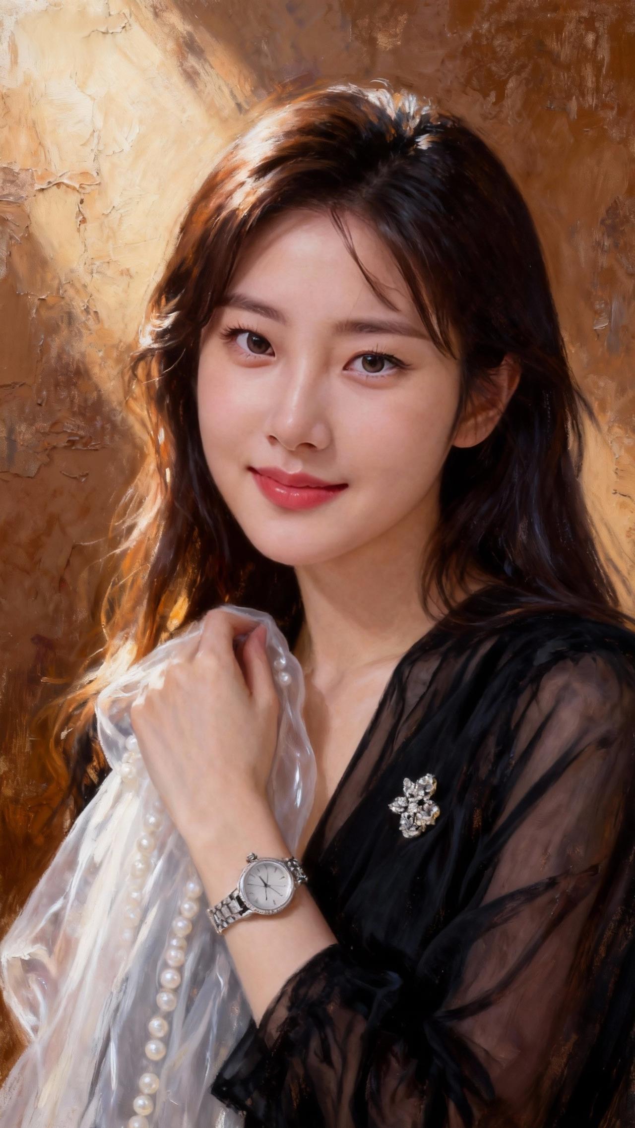 优雅黑纱裙，珍珠与手表的完美搭配，尽显女性魅力。