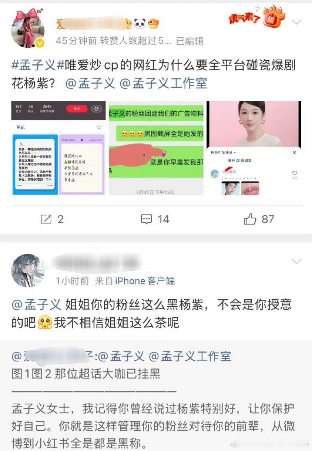 投：杨紫粉丝说孟子义粉丝倒油，紫粉祝孟姐永扑。俩人有啥交集吗[笑cry]杨紫孟子