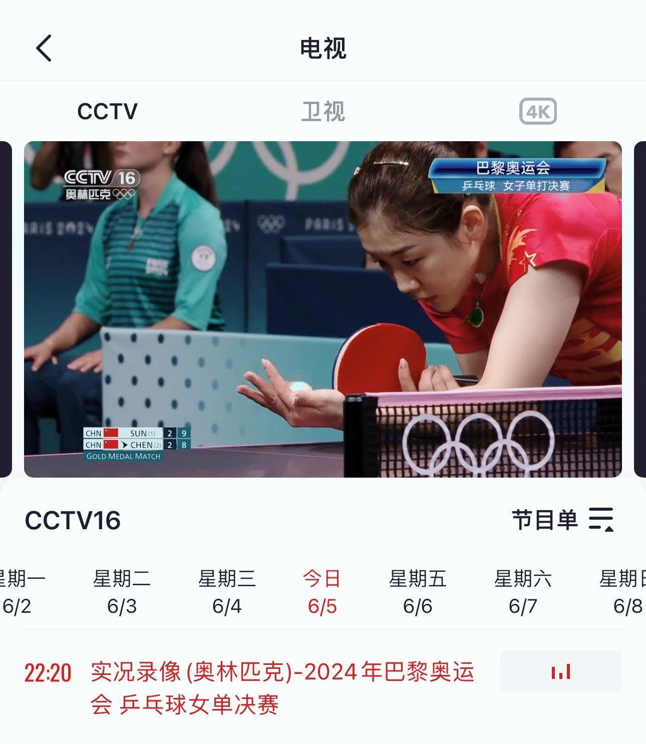 陈梦撕拉片央视CCTV16 正在播放2024年巴黎奥运会 乒乓球女单决赛 超爱看