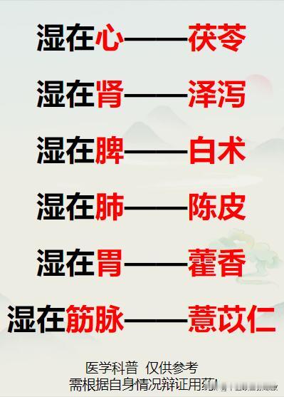 湿在哪，病就在哪，湿在心——茯苓，湿在肾——泽泻，湿在脾——白术，湿在肺——陈皮
