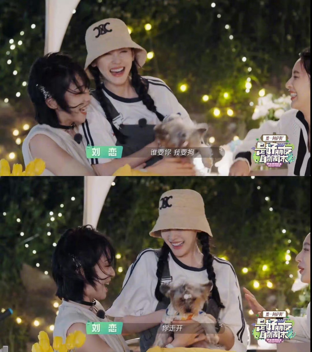 #张天爱抱狗自拍#可爱的狗狗真的太招漂亮姐姐们喜欢了，刘恋之前为了抱下狗狗把张天