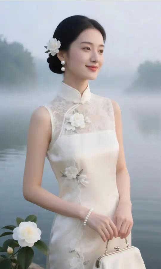 嫣然一笑百媚生，
恰似春风拂柳轻。
东方服饰，温婉贤淑
湖边晨雾，旗袍美女
白玉