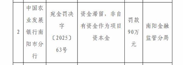 农发行南阳市分行被罚款90万: 因非自有资金作为项目资本金等